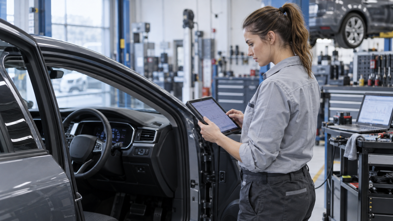 Servis ortamında tabletle araç teşhisini temsil eden kullanım sahnesi
